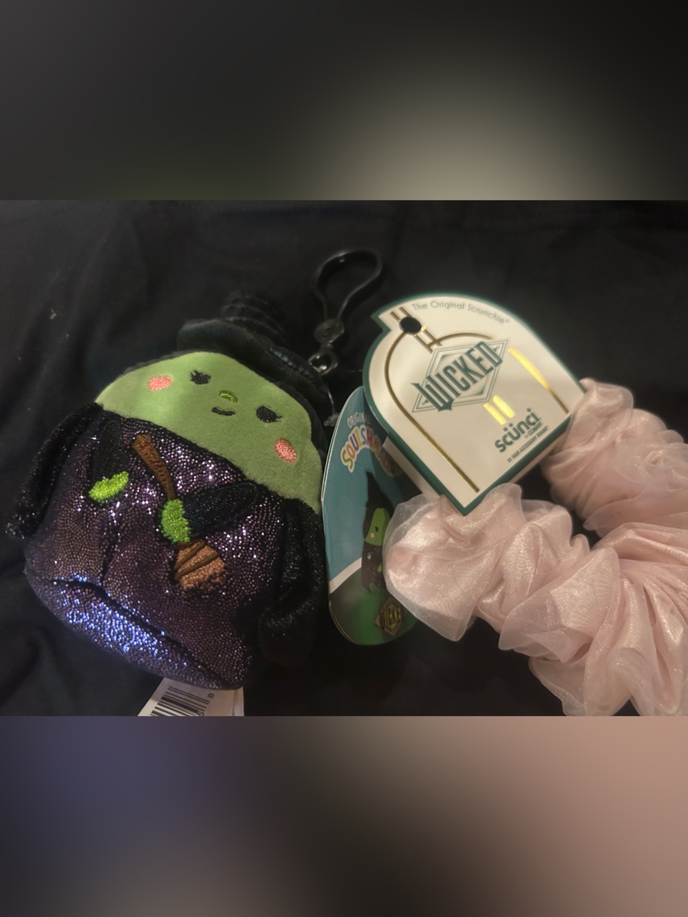 Squishmallows elphaba key chain and Glenda pink hair scrunchie by conair